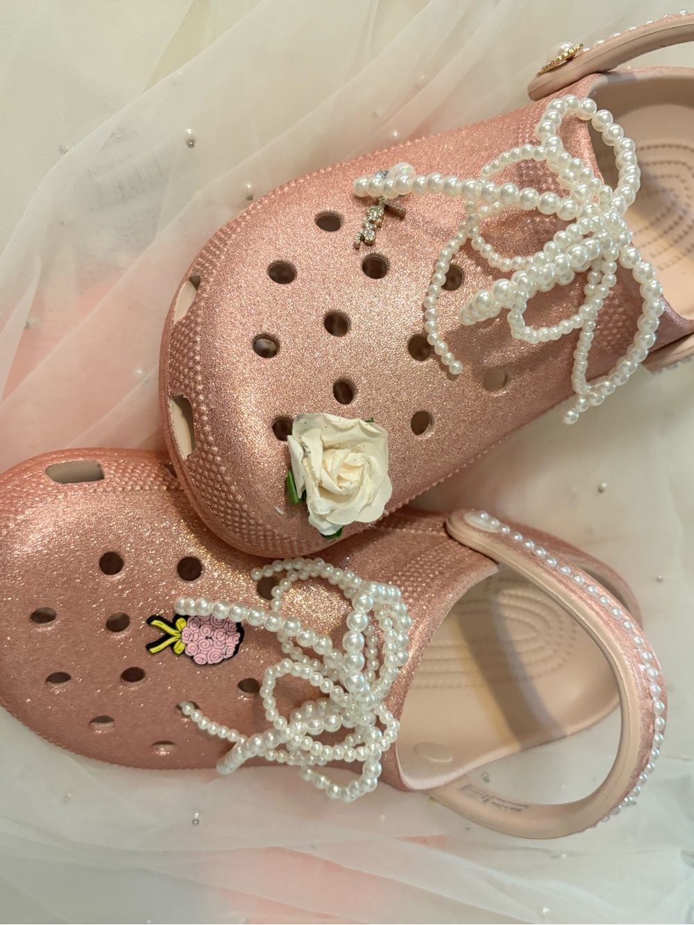 CROCS Glitter Pink Pearl-Embellished Clog Mules